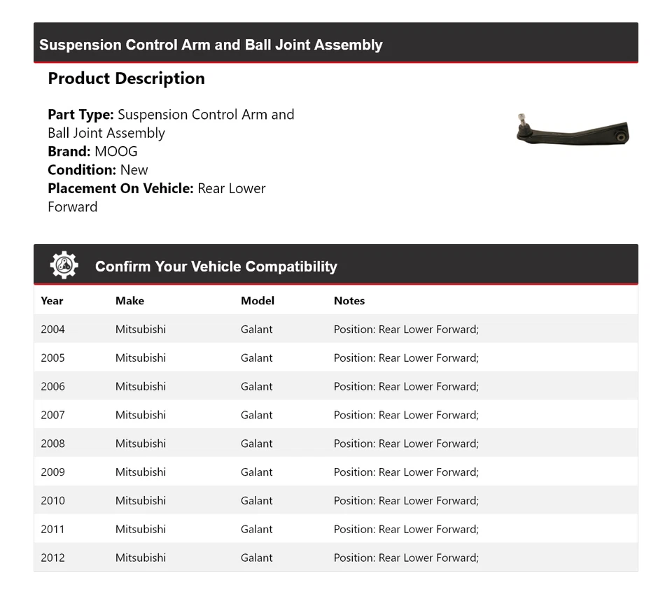 For 2004-2012 Mitsubishi Galant Control Arm Rear Lower Forward MOOG 2004 2005 - Image 2 of 4