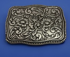 Vintage Silver Toned Western Floral Scroll Belt Buckle Cowboy Cowgirl Vaquero