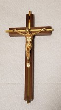 Vtg Walnut 10"X5" Cross / Solid Brass Inlay Crucifix Made in USA New Old Stock