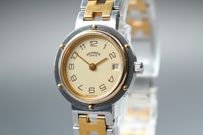 Vintage Near MINT HERMES Clipper 24mm Ivory Gold Date Quartz Damenuhr JAPAN