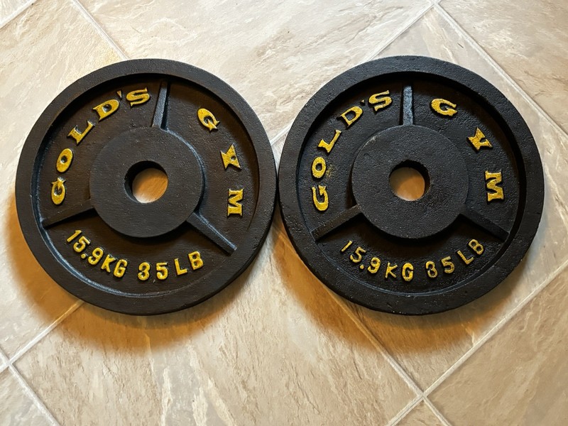 Vintage GOLD'S GYM Olympic Barbell (2) 35lb Weight Plates Original Finish 70lbs
