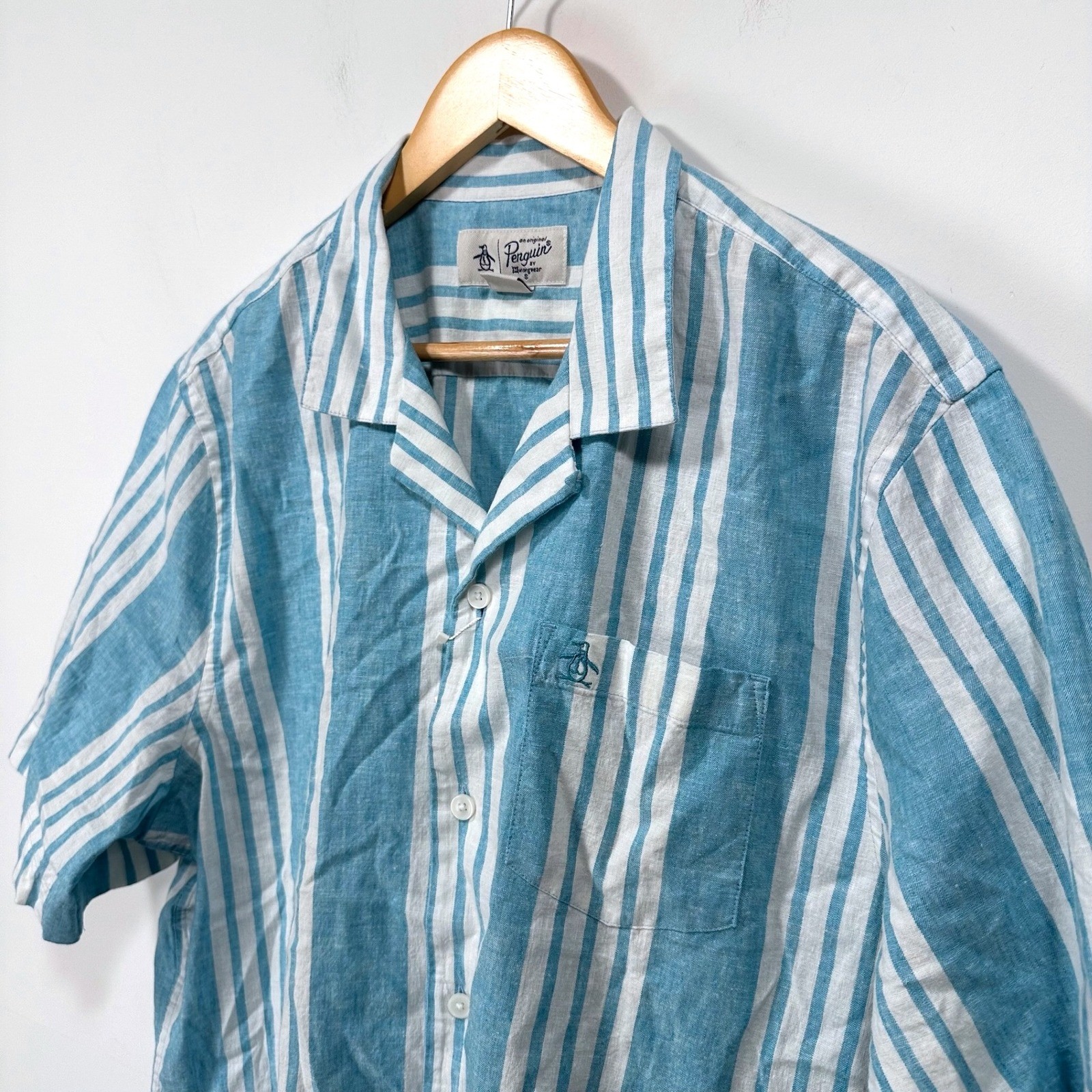 Penguin Linen Button Down Shirt Mens XL Blue Moon Striped Spring Summer Casual image 5