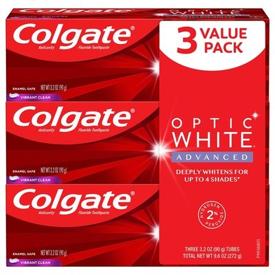 Colgate Optic White Advanced Teeth Whitening Toothpaste Pack Of 3 3.2 Oz