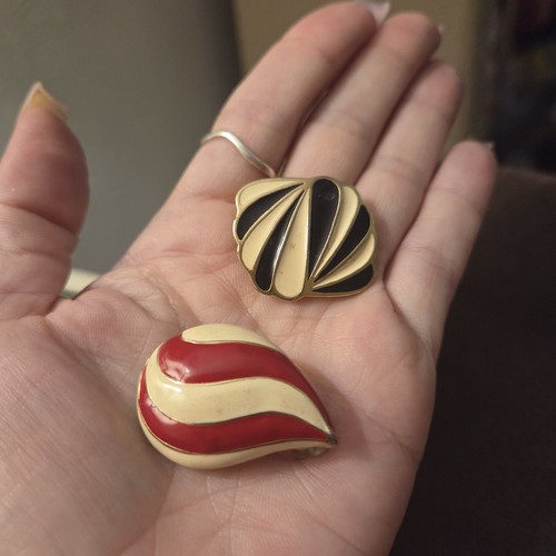 Vintage Unmatched Enamel Clip On Earrings Lot Red Cream Teardrop Black Ivory...