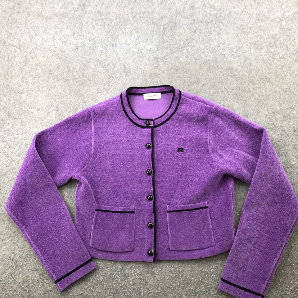 Suéter Sandro Mujer Pequeño Púrpura Botón Frontal Cárdigan Bolsillos Bordados en Contraste Foto 2 de 4