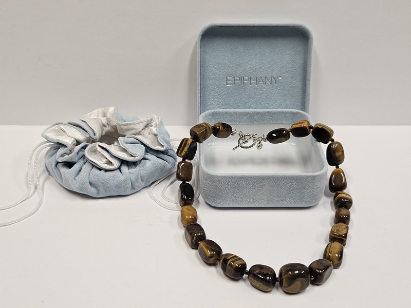 Vintage Tiger's Eye Necklace 925 Sterling Silver Gemstone Toggle Clasp