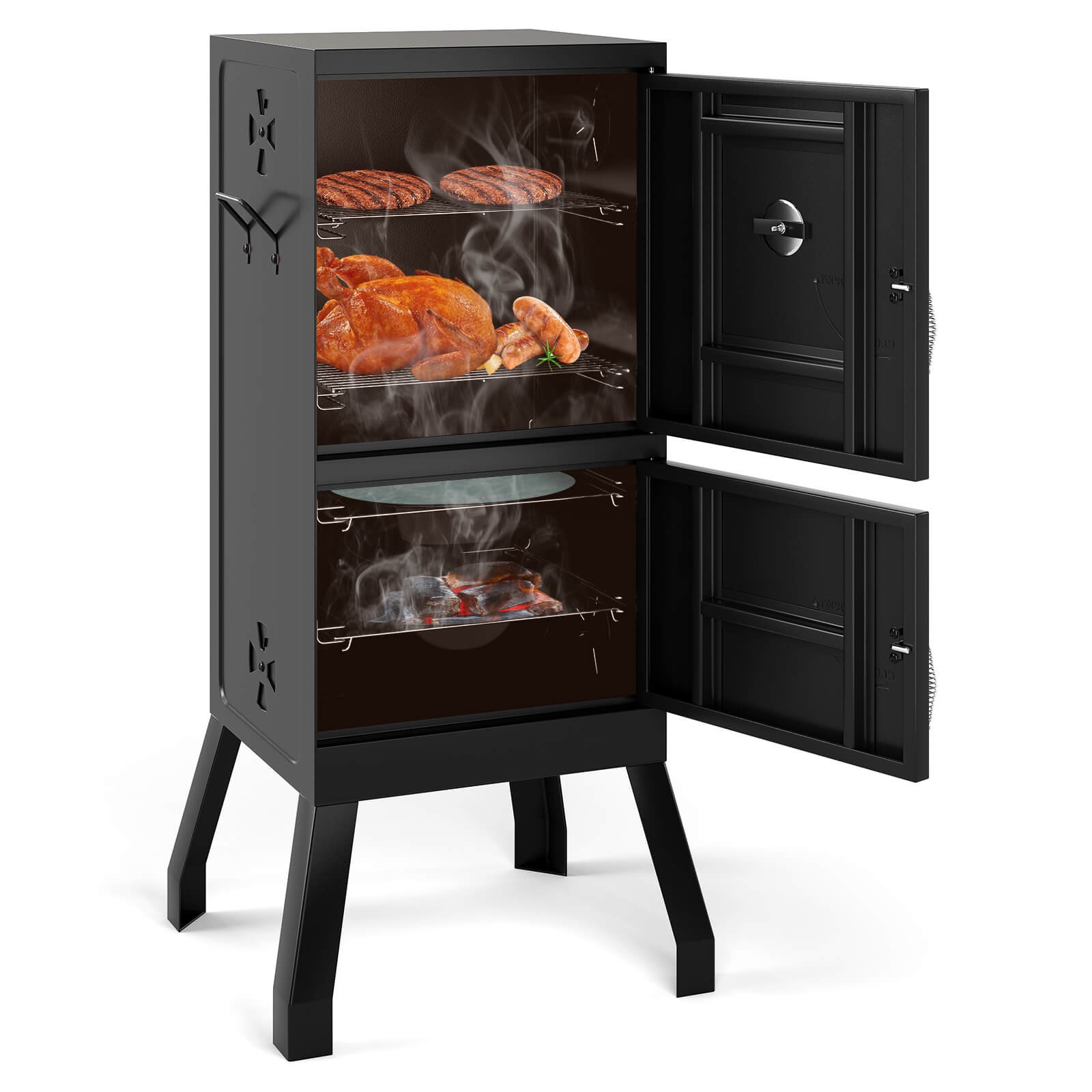 Vertical Charcoal Smoker BBQ Barbecue Grill w/ Temperature Gauge Outdoor Black