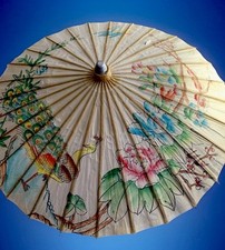 Vtg Rice Paper Parasol Japanese Peacock Floral Bamboo Hand Painted 26 Diameter