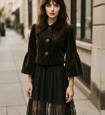 Ellen Tracy Velvet Bell Sleeve Crop Jacket 8 Brown Formal Whimsigoth Dark Romanc