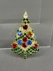Vintage Eisenberg Multicolor Rhinestone CHRISTMAS TREE 2 1/2" Gold Tone Brooch