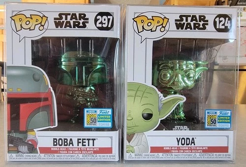 Funko POP! Star Wars SDCC Green Chrome Yoda & Boba Fett w/ Convention Stickers