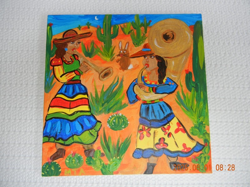 Beautiful Mexican Mariachi women Painting Bright happy color Tuba Horn