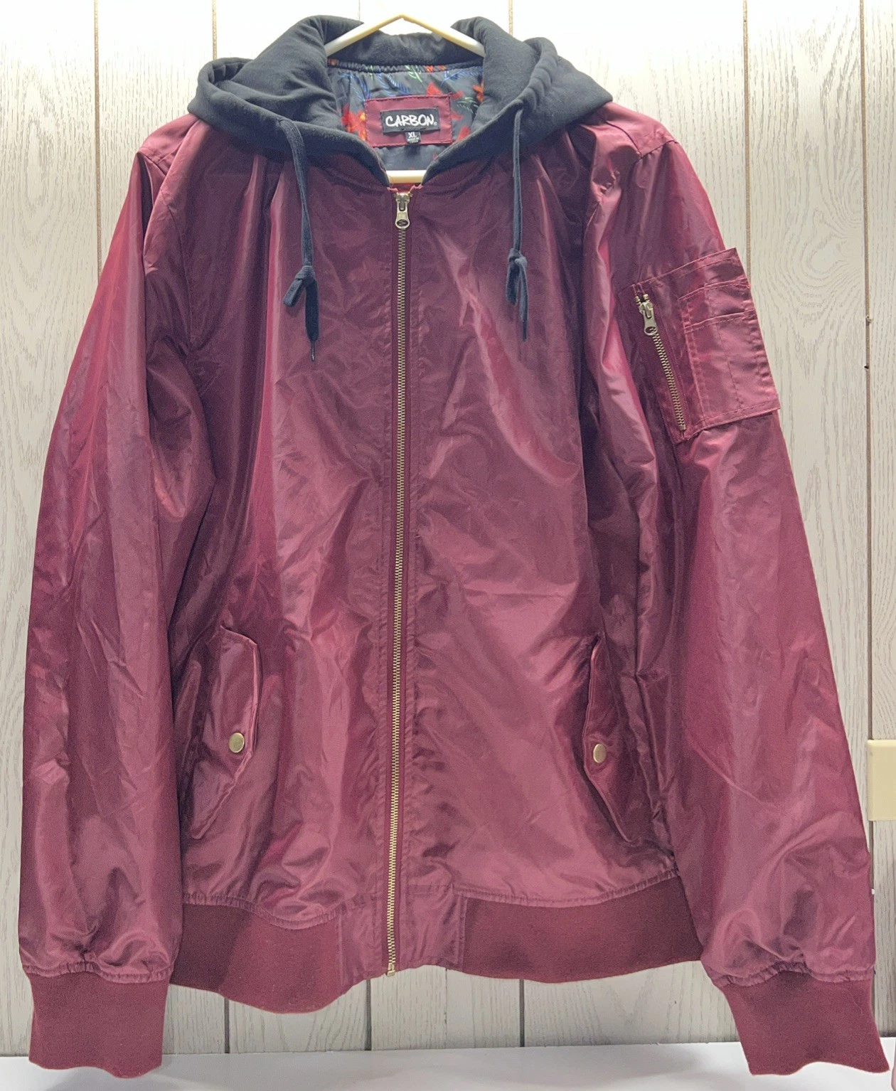 Carbon Mens Jacket Size XL Full Zip Hooded Windbreaker Burgundy