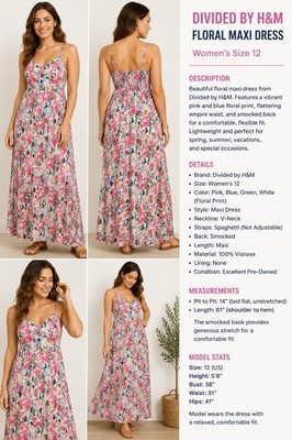 Divided H&M Floral Maxi Dress Women s Size 12 Pink Blue Smocked Back Boho 61 