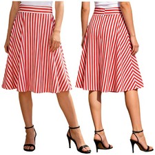 Womens Pleated Vintage Stripes Print High Waist Rockabilly A Line Midi Skirts