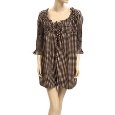 Free People Star Dip Mini Dress Smocked Sweetheart Brown Print Cotton XS 282878