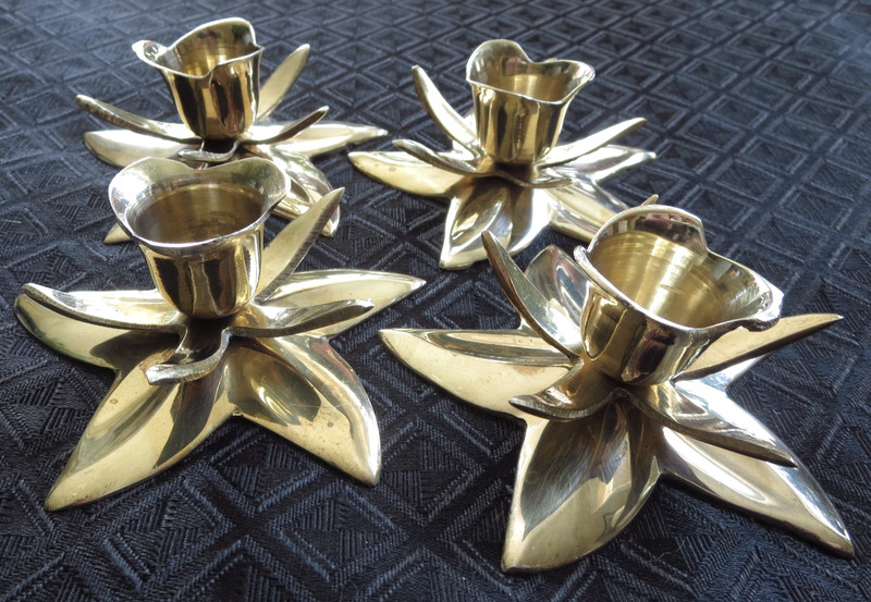Vintage Solid Brass Lotus Flower Candle Holders Hand Made in India Set of 4