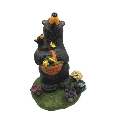 Bearfoots Black Bear Figurine Flower Child Mother and Cub Resin Flower Basket