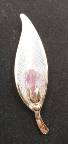 Silver-tone Leaf Brooch/Pin With Purple Amethyst  