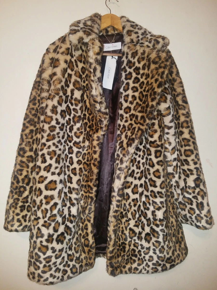 Calvin Klein Womens Petite Leopard Print Faux Fur Coat sz PS ( sz 6P - 8P)