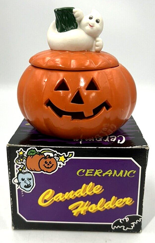 Vintage Ceramic Candle Holder Halloween Jack-O-Lantern Ghost Original Box VTG80s