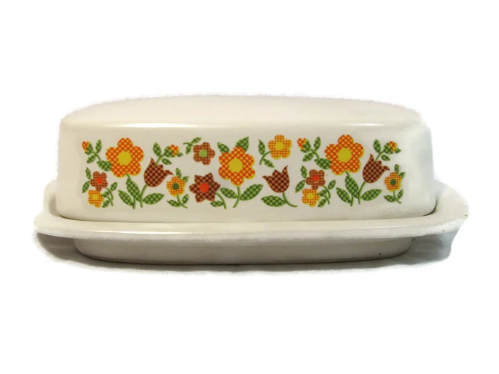 McCoy Covered Butter Dish Mid Century White Floral Daisy Chain Heavy Pottery
