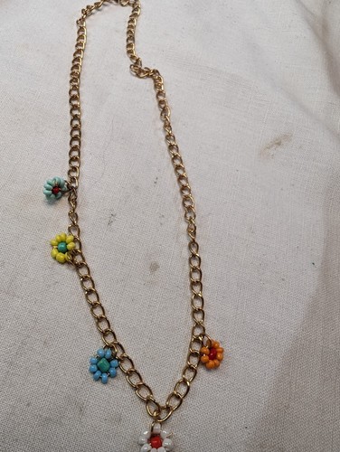 Multicolor Flower Blossom Glass Seed Beaded On Gold Tone Chain Necklace 19" - Picture 4 of 7