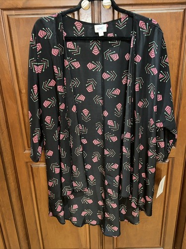 LULAROE Lindsay Cardigan Size M Black Purple Geometric Arrows Kimono Drape - Picture 2 of 11