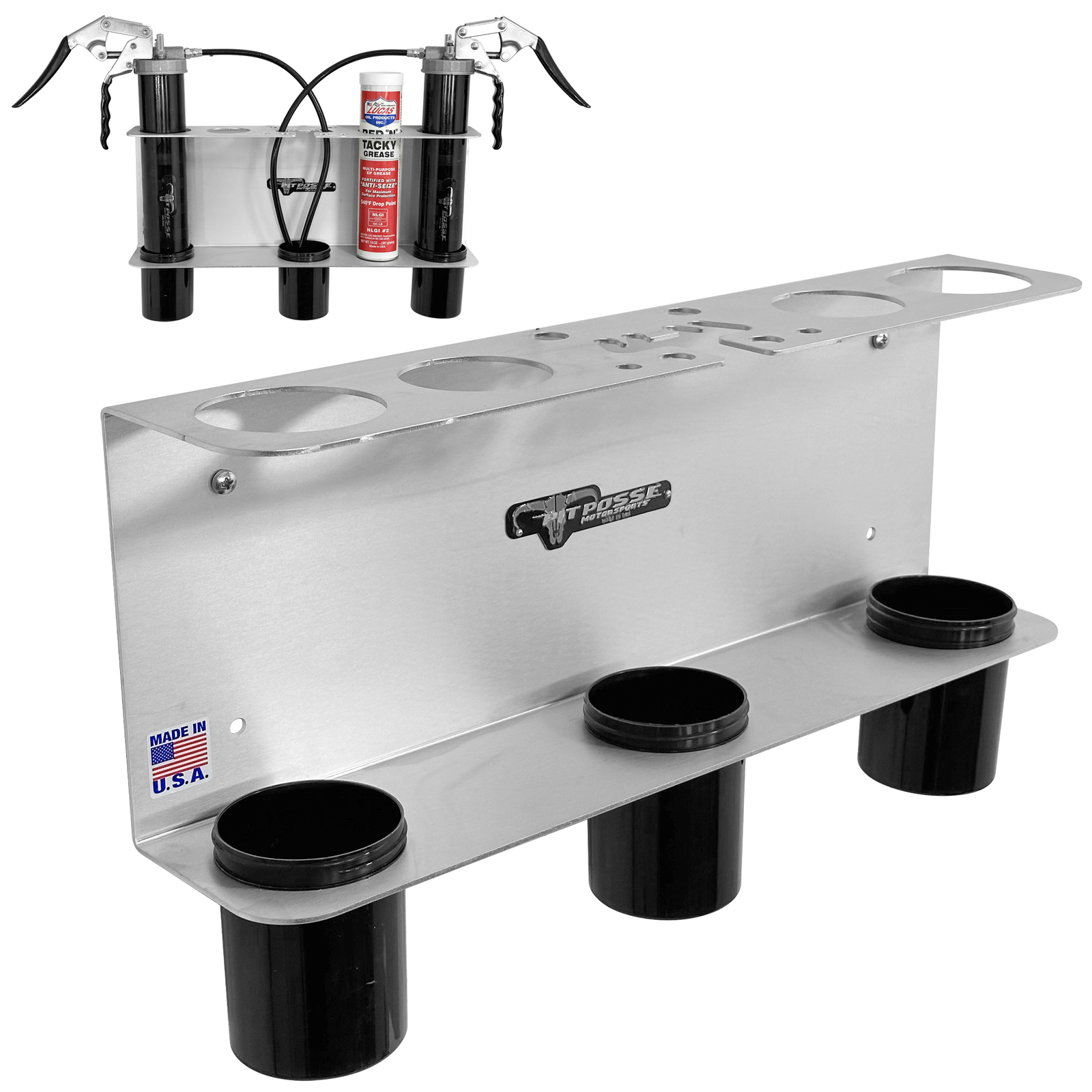 Pit Posse Double Hand Grease Gun Tube Storage Holder Caddy Trailer