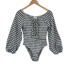 Sabo Skirt Mia Gingham Lace Up Bodysuit Women M White Black Check Balloon Sleeve