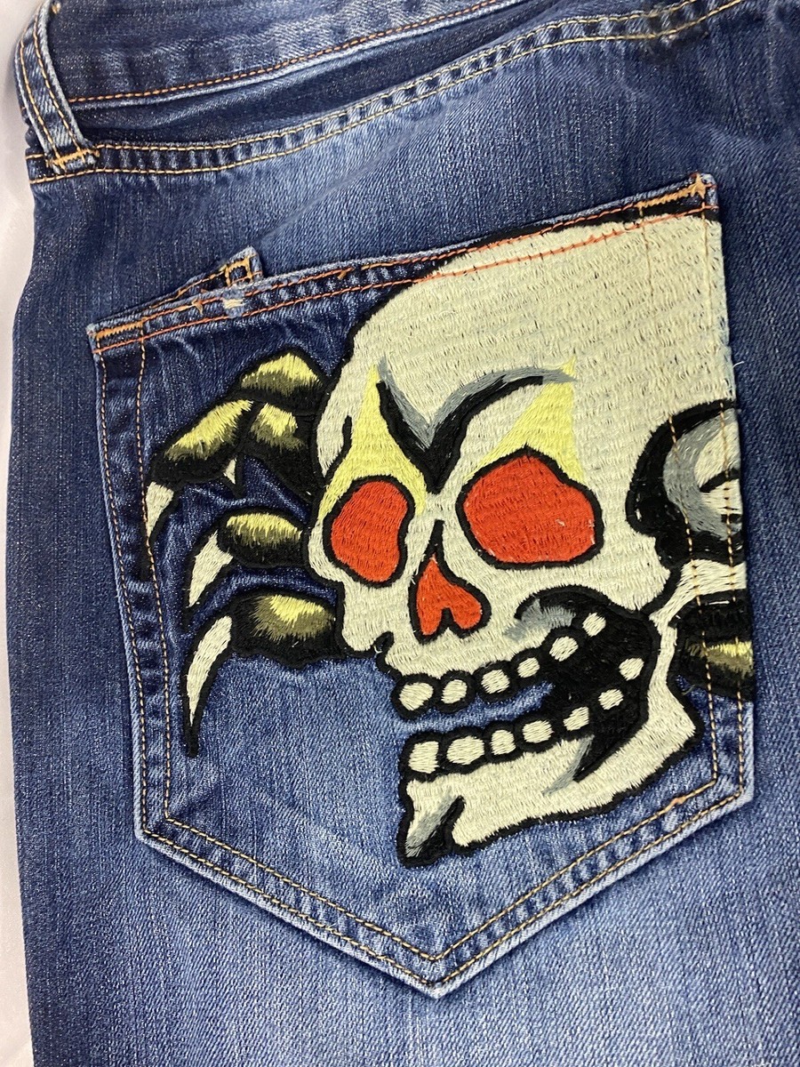 Vintage Ed Hardy Jeans Y2K Skull Embroidery 40x32.5 Grunge Skater