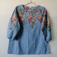 Kindred Womens Blue Round Neck Balloon 3/4 Sleeve Embroidered Blouse Top Size M