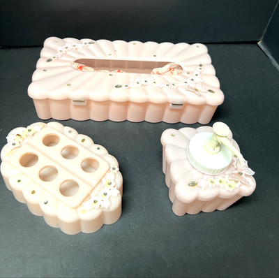Vintage 1950's 3 Pc Pink Plastic Vanity Set  Box Pump Lipstick Holder Menda USA