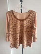 100 SILK crepe HAND Floral Kashmir EMBROIDERED TUNIC BLOUSE TOP KURTI beige L
