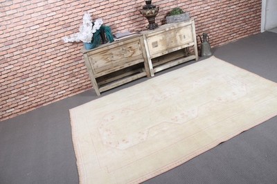 Vintage Turkish Rug, 5,1x7,3 ft Rug, White Floral Wool Rug