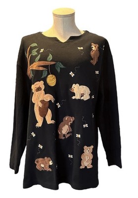 VTG Bechamel Honey Bears Bees Black Long Sleeve Knit Shirt Size PL 1990 s Granny