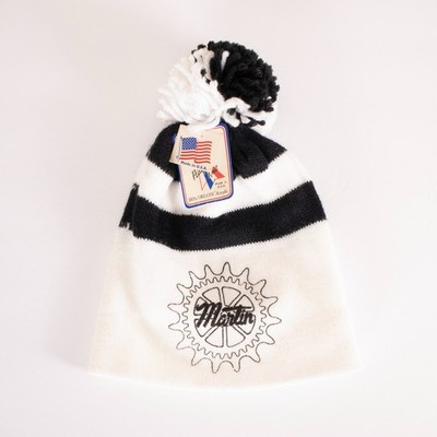 PEDIGREE KNIT White Black Beanie Hat Cap 100% Orlon Acrylic Pom-Pom NWT USA