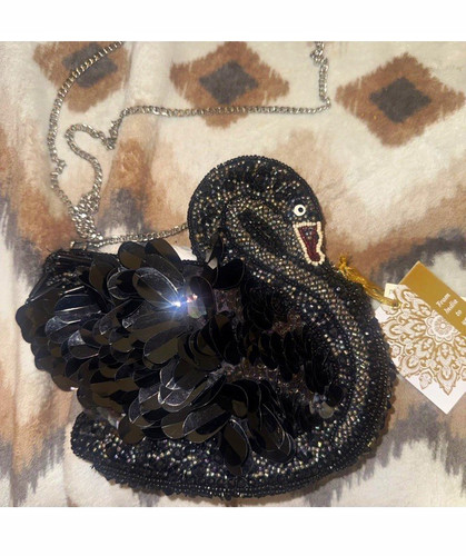 Black Beaded Sequin Swan Novelty Women’s Shoulder Bag Silver Chain, Lined