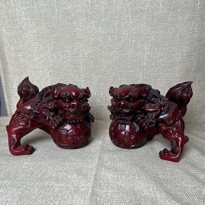 Chinese Guardian Lion Foo Dog Statues Handmade Pair Red Resin Decorative Figures
