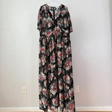 Unique Vintage Black Floral Maxi Dress Flutter Sleeve sz 3X Cottage Witchy