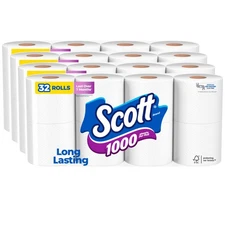 28 Rolls Scott 1000 Toilet Paper, Septic-Safe, 1-Ply Toilet Tissue