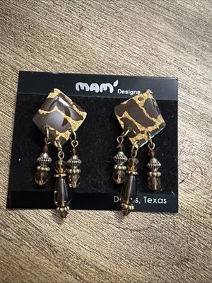 New Vintage Designer  Mam'  Collectors Dangle Animal Print with Bead Earrings