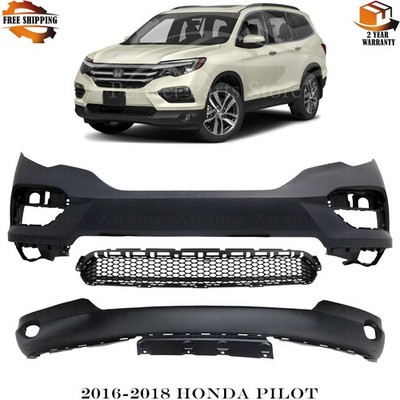 Front Bumper Cover Primed Plastic & Bumper Grille Kit For 2016-2018 Honda Pilot