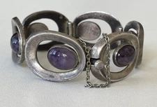 Artisan FSE 925 Sterling Mexico Eagle Mark ? MCM Amethyst Bracelet 6.75" L, 50g