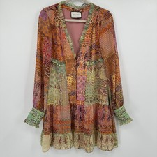 Alexis Dress Womens Medium Multi Patchwork Paisley Ruffle Lined Long Sleeve Boho