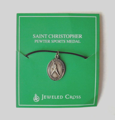 Saint Christopher Boy's Men's Baseball Medal Necklace Pewter 1'' High on Cord