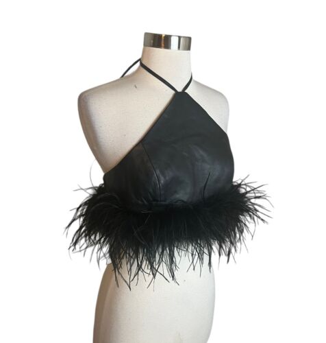 Lamarque Aiss Top Size XS Black Leather Feather Hem Halter Crop Revolve - Picture 3 of 9
