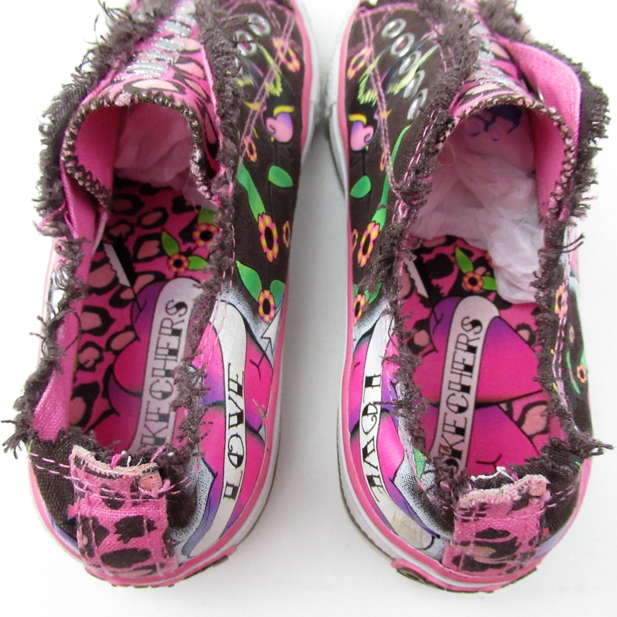 ☺︎love Skechers 13.5 Tattoo Sneakers Love Bling No Tie Flowers Pink