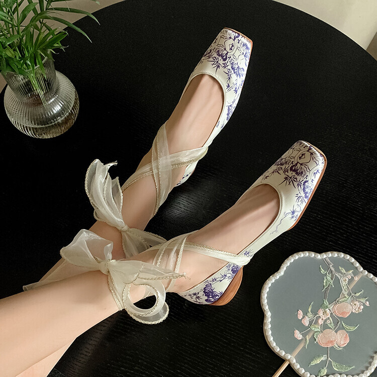 Square Toe High Cut Ballerina Shoes Women's Fahsion Silk Floral