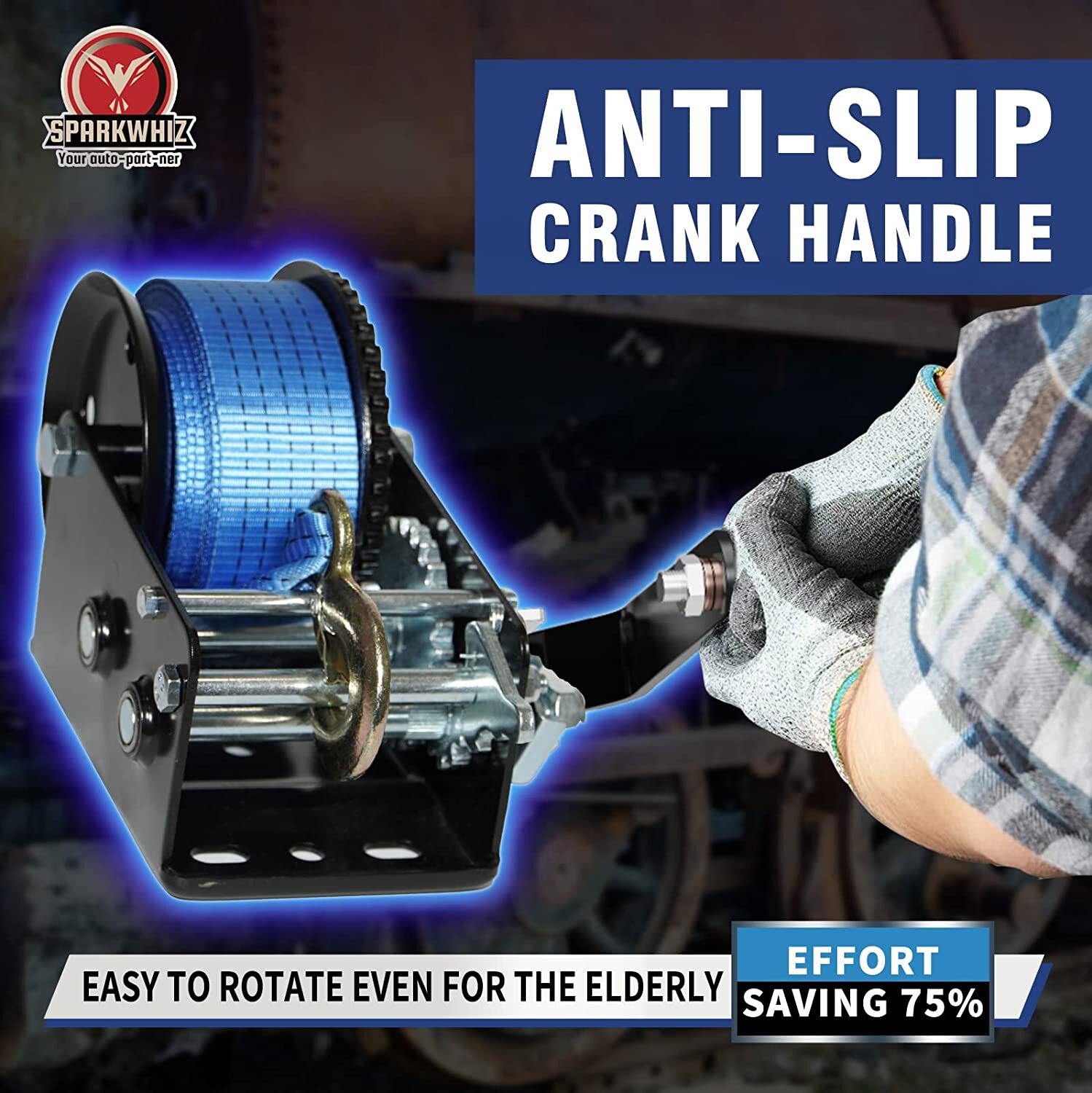 Heavy Duty 32ft 3200LBS Hand Winch Hand Crank 2 Gear Polyester Strap Trailer USA